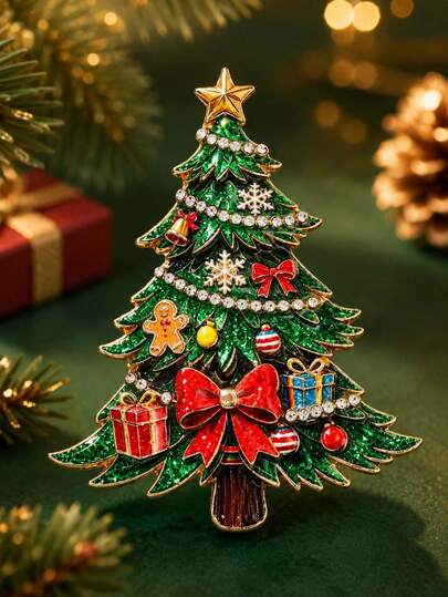 1pc Vintage Sparkling Rhinestone Christmas Tree Brooch, Green Enamel Christmas Tree Shaped Alloy Pin, Star Snowflake Bow Gift Decoration Holiday Brooch, Women's Coat Blazer Sweater Scarf Bag Decoration Accessory, Christmas Party Holiday Outfit, New Year Gathering, Gift Exchange, Winter Gift Exquisite Jewelry