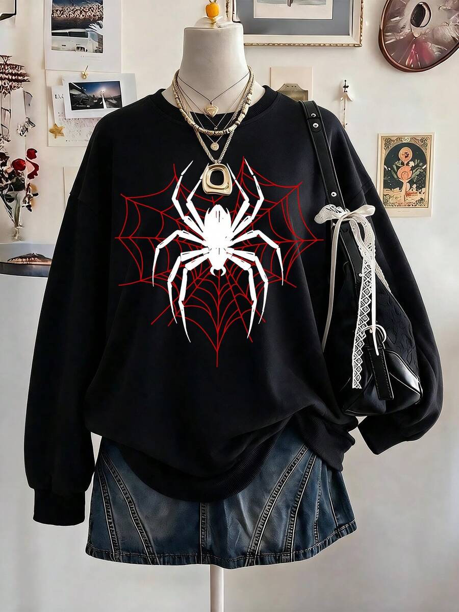 紅色蜘蛛爬行圖案印花,柔軟透氣,女款大尺碼圓領運動衫,適合秋冬穿著 - 黑色 - 查看 1
