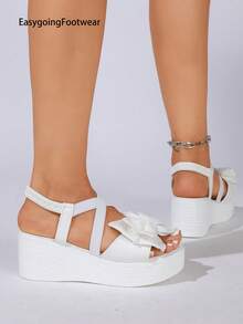 Women's Summer Sweet Bow Cross Elastic Wedge Sandals, Thick Sole, Polyurethane Lightweight Bottom, Versatile Elegant Style For Daily Wear And Vacation - White - View 5