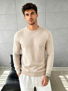 Men's All-Match Solid Color Crew Neck Loose Drop Shoulder Minimalist Long Sleeve Knit Pullover, Spring/Autumn Versatile Layering Top - Apricot - View 2