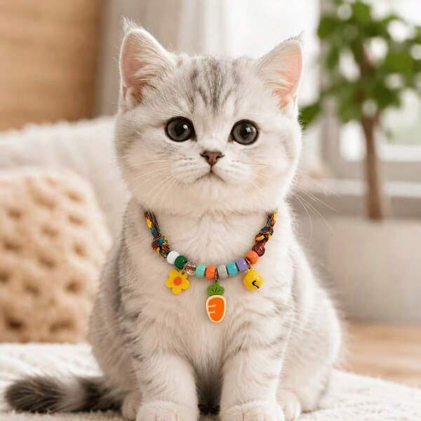 1pc Cat Bell Collar, Fresh Color Block Fruit Pendant Pet Necklace, Adjustable Anti-Escape Neck Strap, Suitable For Cats And Dogs, New Durable Plastic Bead Collar With Safety Buckle