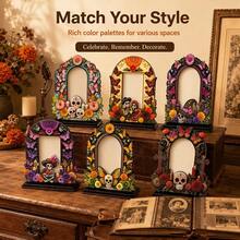 Halloween Wooden Photo Frame Desktop Decor, Mexican Marigold Butterfly Skull Decorative Display, Halloween Memorial Photo Frame For Family And Pets, Home Study Bedroom Memorial Decorative Craft - A - View 3