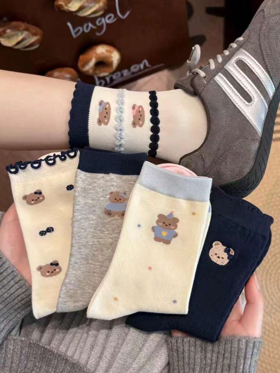 5雙日系甜美小熊學院風蕾絲中筒襪，休閒百搭可愛卡通女款襪子 - 彩色 - 查看 1