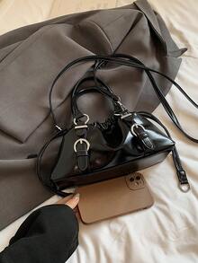 Solid Color Glossy Leather Shoulder Bag, Ruched Drawstring Design, Short Handle And Detachable Crossbody Strap, Flexible Switch Between Handheld And Crossbody, Ample Interior Space, Can Store Phone, Lipstick, Powder, Earphones And Other Small Travel Essentials, Suitable For Daily Shopping, Commuting, Work, Dating And Travel - Black - View 3