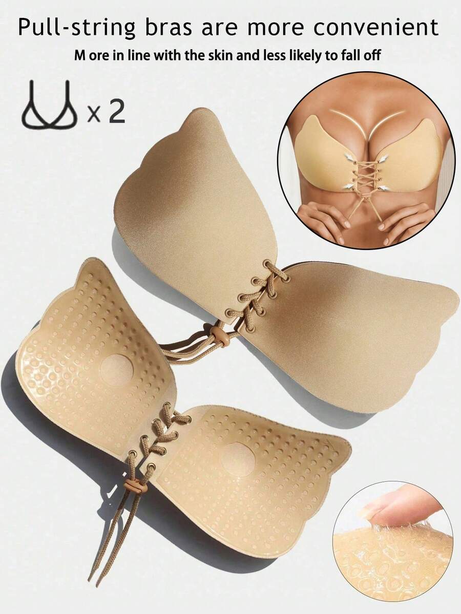 2 Pairs Adjustable Drawstring Thickened Silicone Invisible Strapless Bra, Push‑Up Breast Pads For Small Breasts, Great For Sling & Wedding Dresses - Apricot - View 1