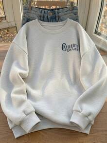 Vintage Distressed Heart & Letter Print Oatmeal Grey Crew Neck Sweatshirt, Oversized Fit, Versatile Long Sleeve Autumn/Winter Top - Off-white - View 3