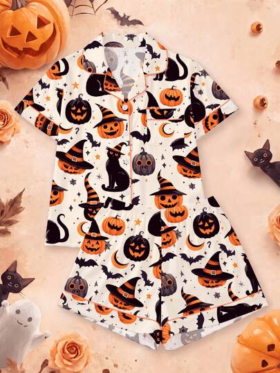 Halloween, 2pcs Women's Pajama Set, Pumpkin And Black Cat Print, Holiday Women's Loungewear, Short Sleeve Lapel Top And Shorts, Wearable Set
