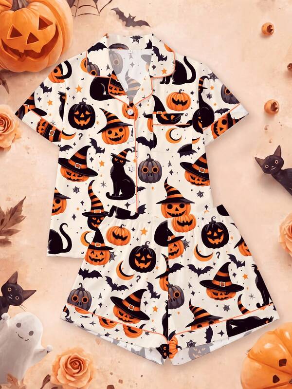 Halloween, 2 piezas Conjunto de pijama para mujer, Estampado de calabaza y gato negro, Ropa de estar en casa para mujer en días festivos, Top de manga corta con cuello y pantalones cortos, Conjunto para usar