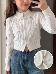 Tween Girl Girls' Double Zipper European Style Solid Color Cable Knit Hollow Out Short Cardigan Long Sleeve Suitable For Daily Casual Spring Autumn Winter - Apricot - View 7