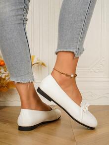 Women's Bow Square Toe Slip-On Flat Shoes, Soft Low-Cut Comfortable Daily Commute Office Shoes - White - View 2