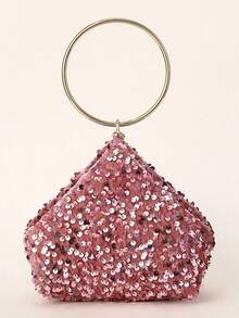 Dedoo 女款三角晚宴手拿包，亮片刺繡布料，金屬環手柄，拉鍊開合，奢華優雅派對婚禮宴會包 - 粉色 - 查看 5