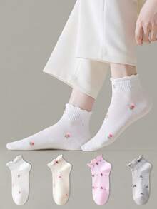 ZUJO 4 Pairs Women's Hollow Out Short Socks With Frill Trim, Floral Pattern, Non-Slip Comfortable Breathable, Suitable For Sports And Casual Wear - Multicolor - View 2