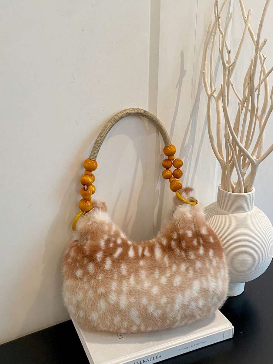 1pc Soft Plush Deer Pattern Handbag, New Style Atmosphere Shoulder Bag, Versatile Fuzzy Bag, Large Capacity Cute Plush Bag - White - View 1