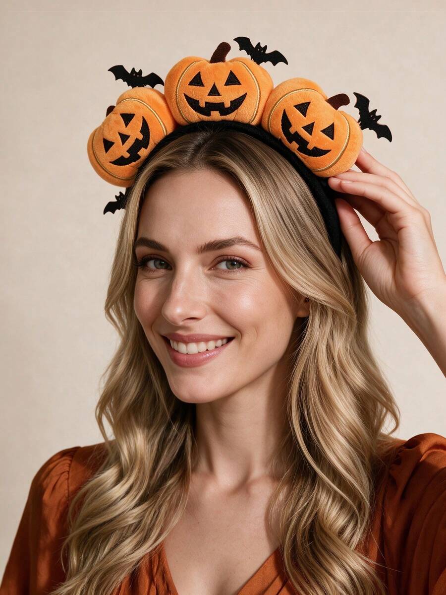 Halloween Pumpkin Expression Headband, Funny & Cute Gold Wire Pumpkin & Bat Design, Holiday Costume Head Accessory - Multicolor - View 1