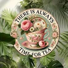 2D Flat - 1 Vintage "Tea Time Is Always A Good Time" 8-Inch Round Metal Sign, Floral Teapot And Rose Design, Suitable For Kitchen, Living Room, Cafe Or Bar, Pre-Drilled Holes, Style As Shown In Size Chart - Multicolor - View 6