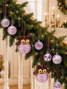 1/6/12/24pcs Pink Christmas Ball Ornament Set With Gold Bells And Plaid Ribbons, Mixed Color Christmas Tree Hanging Balls, DIY Holiday Decoration, Gift Packaging, Home Fireplace And Holiday Party Decor - Multicolor - View 4