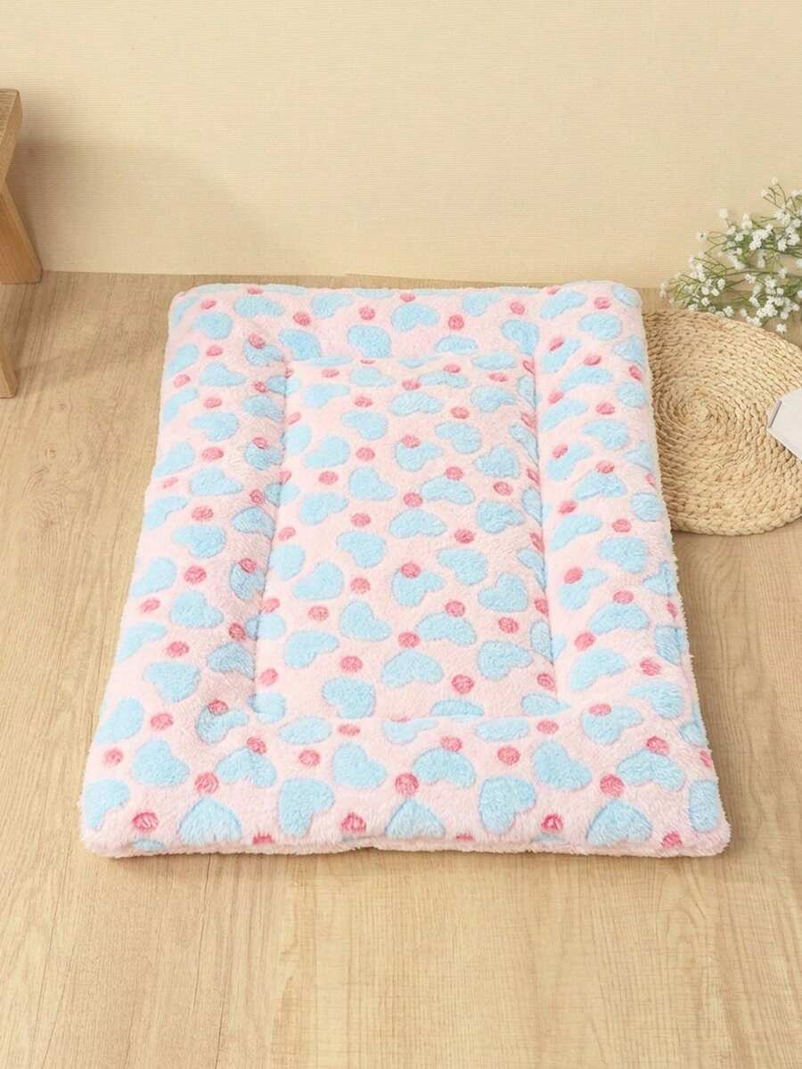 Pink Base Blue Heart Print Thickened Polyester Pet Bed Mat, Breathable Comfortable Washable All-Season, Suitable For Small And Medium Cats And Dogs, Suitable For Teddy And Other Pets, Not Suitable For Large Dog Breeds
