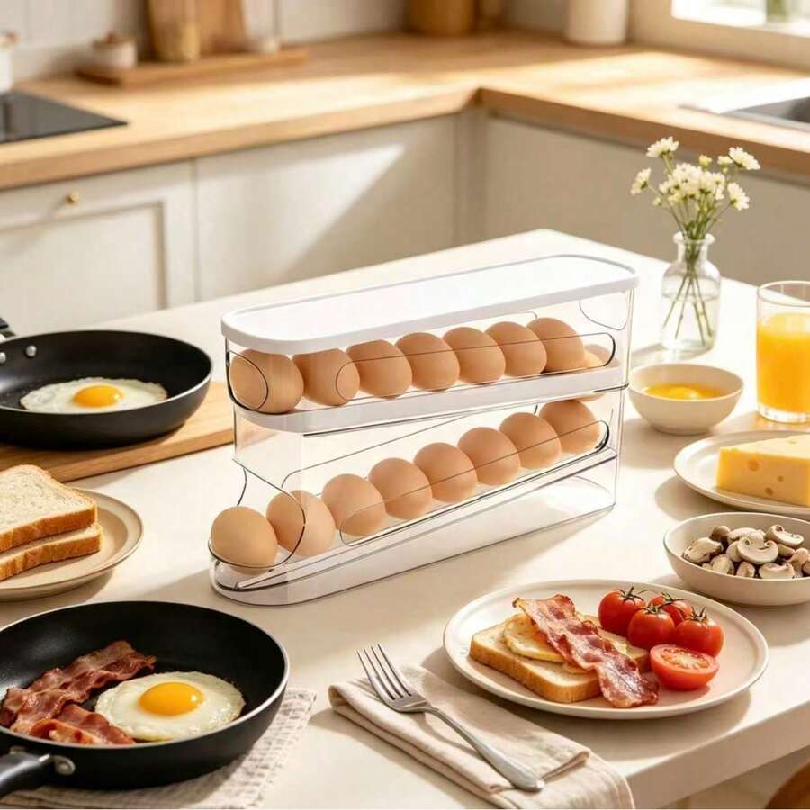 Refrigerator Egg Layerer - Automatic Rolling Refrigerator Door Egg Rack, ABS Transparent Plastic Egg Storage Box, Space Saving Stacked Egg Storage Container (Double-Layer Design, Can Hold Many Eggs) - Clear - View 1