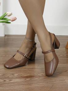 XBYASDF Women's Brown High Heel Shoes, Square Toe Backless Slingback 7cm Pumps, One-Strap Chunky Heel, Commute Elegant Sandals - Brown - View 2