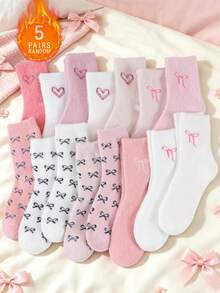 5 Pairs Women's Random Autumn/Winter Mink Fur Bow Heart Fuzzy Cute Sweet Pink Mid-Calf Socks - Multicolor - View 9