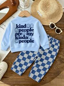 Cute Baby Boy 2-Piece Sportswear Set, Slogan Print Sweatshirt + Checkered Pants, Soft Infant Spring/Autumn/Winter Outfit - Baby Blue - View 3