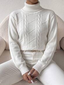 Teen Girls Minimalist Outdoor Knit Sweater Street Slouchy Casual High Neck Pullover - White - View 5