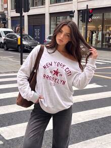 Y2K Grey Asymmetric Neck Red Vintage Letter Print Sweatshirt For Women, Loose Fit Long Sleeve, Casual Commute Back To School Outfit For Autumn - Grey - View 4