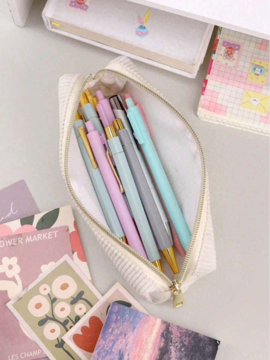 1pc/5pcs Minimalist Corduroy Pencil Case, Solid Color Soft Large Capacity Stationery Storage Bag, Smooth Gold Zipper, Can Store Pencils And Erasers, Suitable For Students' Daily Learning, Desktop Storage, Back To School Essential Stationery - A - View 1