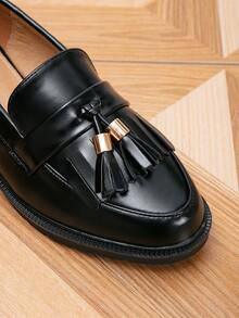 Women's Round Toe Thick Bottom Fringed Chunky Heel Loafers With Wide Width And Flat Sole, For Spring And Autumn Wide Fit - Black - View 7