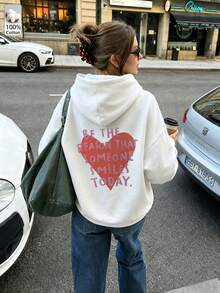 Oversized Women's Sweatshirt For Autumn And Winter, Long-Sleeve Hoodie With Pockets, Casual Top, Y2k Style, Daily Letter Slogan Graphic, Black Unisex - White - View 5
