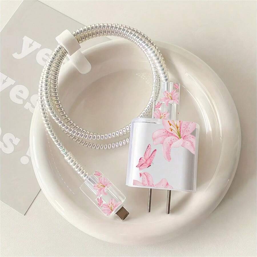 5pcs 2D Floral Design Phone Charger Protector Set, Charger Head Cover + Cable Protector + Storage Rope + Data Cable Protector Wrap Rope, Compatible With IPhone 20W/18W Charger - Multicolor - View 1