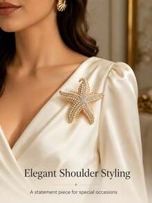 1PC Fashion Rhinestone & Faux Pearl Starfish Brooch, Minimalist Versatile Elegant Brooch Pin Accessory - Perfect Gift For Women - Multicolor - View 3