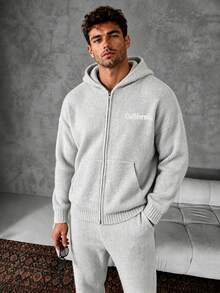 Men's American Casual Ribbed Knit Hooded Cardigan, Letter Embroidery On Chest, Dropped Shoulder Zip-Up Knit Jacket - Grey - View 1