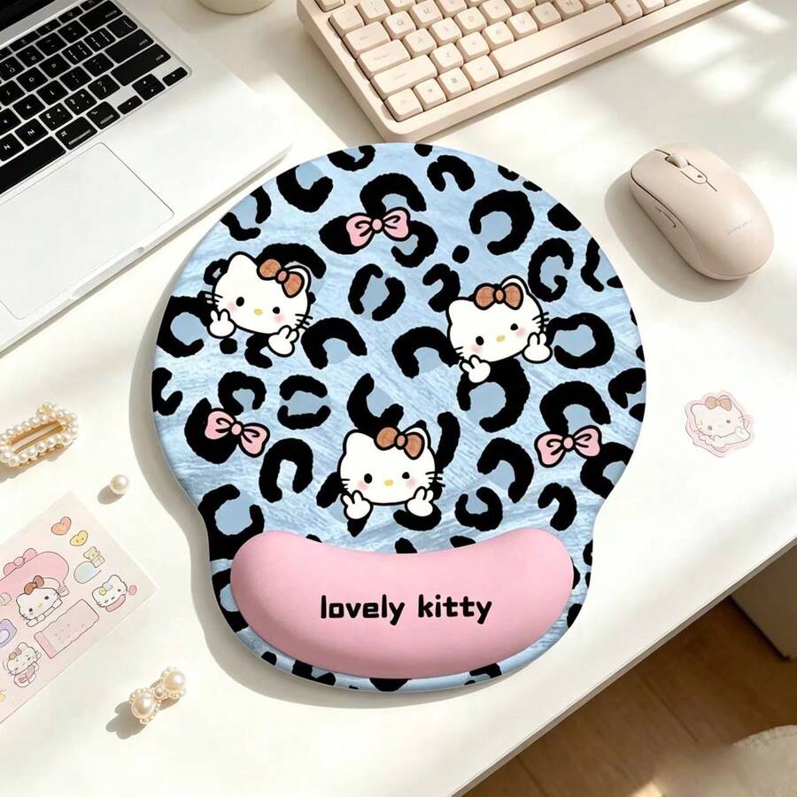 SANRIO 1pc Leopard Cartoon Print Wrist Rest Mouse Pad Keyboard Tray Set, Slow Rebound Memory Foam Wrist Pad To Reduce Wrist Pressure, Non-Slip Stable Base Compatible With Various Computer Desktops, Suitable For Home Office Dorm Online Classes Gaming, Cute Print Design Decorates Desktop, Practical Computer Peripheral Wrist Protection - 1 Pc - View 1