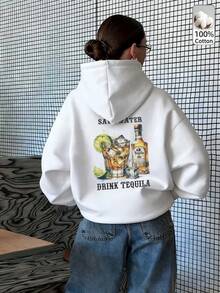 Oversized Women's Sweatshirt For Autumn And Winter, Long-Sleeve Hoodie With Pockets, Casual Top, Y2k Style, Daily Letter Slogan Graphic, Black Unisex - White - View 3