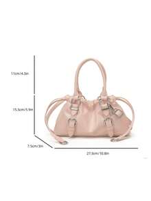 Solid Color Glossy One Shoulder Bag, Ruched Drawstring Design, Short Handle And Detachable Crossbody Strap, Flexible Switching Between Handheld And Crossbody, Ample Interior Space To Store Phone, Lipstick, Powder, Earphones And Other Daily Essentials, Suitable For Daily Shopping, Commuting, Work, Dating And Travel - Pink - View 2