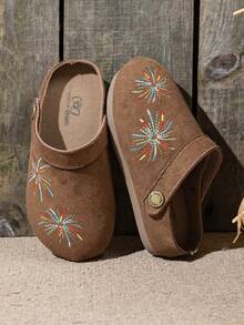 1 Pair Round Toe Embroidered Firework Camel Color Flat Shoes, 2-In-1 Wear, Suitable For School, Party, Casual, Beach Vacation And Other Occasions, Runs Half Size Small - Camel - View 1