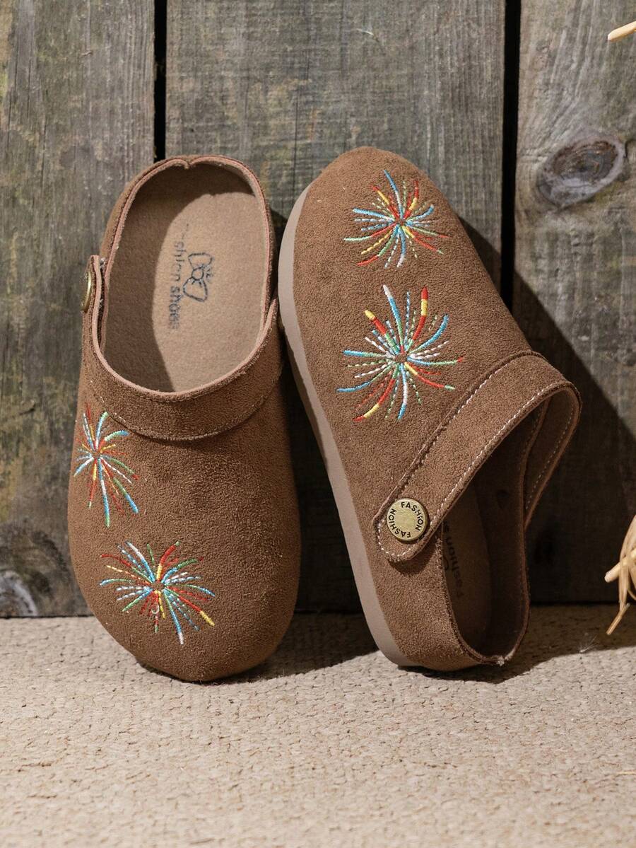 1 Pair Round Toe Embroidered Firework Camel Color Flat Shoes, 2-In-1 Wear, Suitable For School, Party, Casual, Beach Vacation And Other Occasions, Runs Half Size Small - Camel - View 1