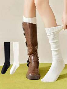 4/3/2/1 Pairs Women's Autumn/Winter Sweet Cool Girl Style Slouch Socks, Long Tube Socks, Solid Black/White Basic Style, Suitable For Tall Boots/Shoes, Create Lazy Atmosphere, Essential Streetwear Item, Socks Women, Fall, Winter, Stockings - Multicolor - View 8