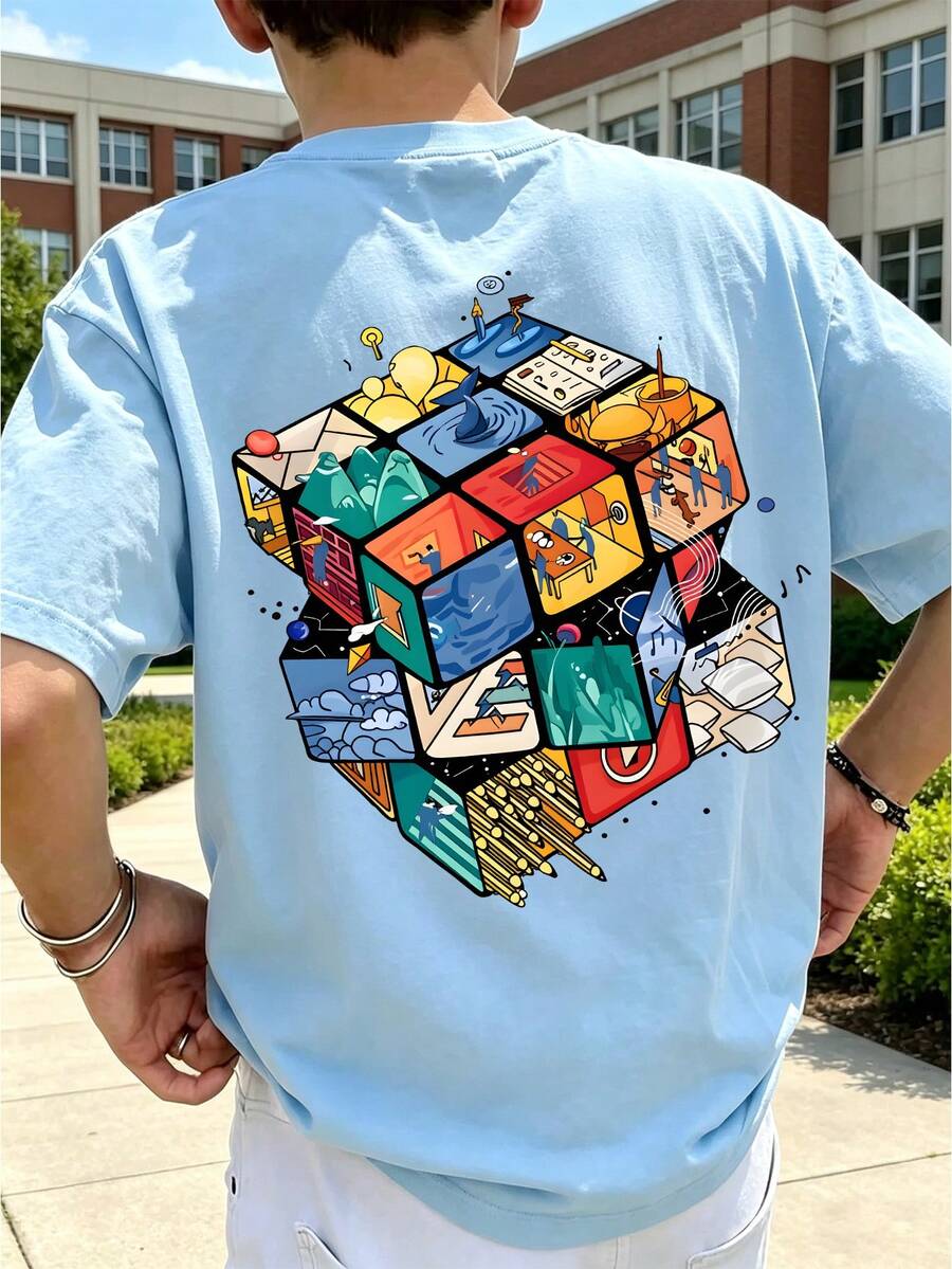 Boys' 3D Printed Crew Neck Short Sleeve T-Shirt, Suitable For Summer Outdoor Sports, Vacation And Casual Activities, Summer Top - Baby Blue - View 1