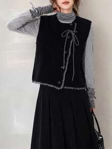 Women's Autumn/Winter Casual Elegant Contrast Trim Round Neck Knitted Cardigan Vest Top - Black - View 4