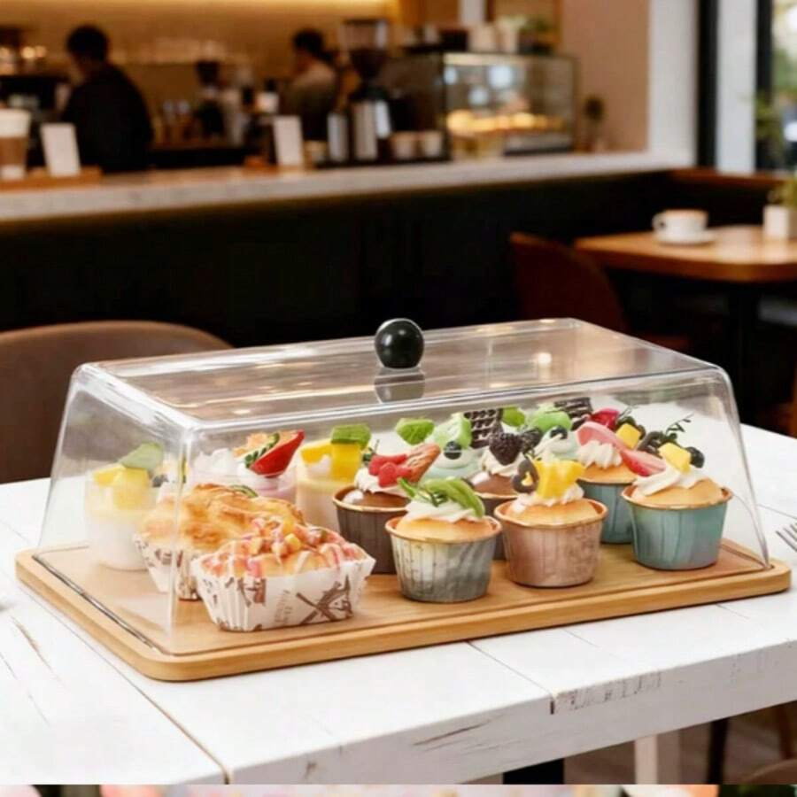 طبق عرض مربع مغطى من خشب البامبو الشفاف مقاوم للغبار لعرض الكيك والحلويات والوجبات الخفيفة والفواكه المجففة للمطاعم والفنادق - مشاهدة 1