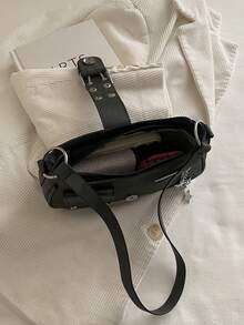1pc Black Solid Color PU Baguette Shoulder Bag For Women - Black - View 6