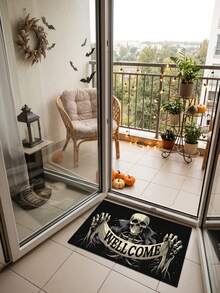 1PC Black Background White Skull Letter Pattern Entry Door Mat, Dark Gothic Style Crystal Velvet Rectangular Skull Skeleton WELLCOME Banner Detail Machine Washable Door Mat, Suitable For Halloween Party Entrance Garden Decoration - Multicolor - View 2