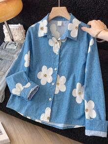Áo khoác denim nữ mùa xuân/thu phong cách tươi mới in hoa, cổ bẻ, kiểu cardigan thoải mái năng động - Màu xanh lam - Xem 4