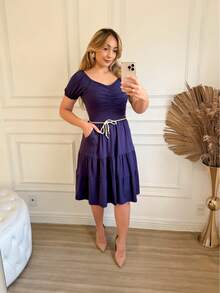 Vestido Feminino Midi Três Marias em Tecido malha viscolycra Casual elegante Fofo Com cinto verão - Azul Marinho - Visão 8