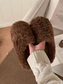 XIXITIAO Minimalist Solid Color Winter Warm Slippers, Couples Cozy Fuzzy Home Shoes For Men & Women - Brown - View 3