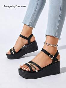 Women's Plus Size Woven Open Toe Wedge Sandals, Thick Sole Non-Slip Versatile Casual Shoes For Summer - Black - View 2