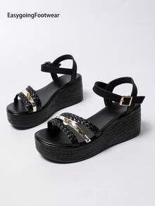 Women's Plus Size Woven Open Toe Wedge Sandals, Thick Sole Non-Slip Versatile Casual Shoes For Summer - Black - View 8