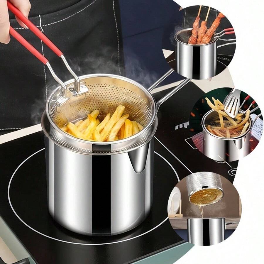 Stainless Steel Multi-Function Mini Deep Fryer Oil Strainer Pot, Deep Design, Home And Commercial Use, Induction Cooktop Compatible, Oil-Saving